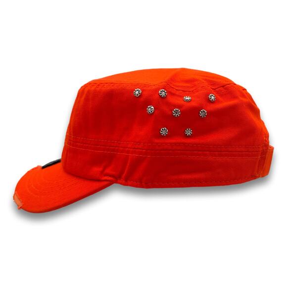 Orange Army Cadet Hat Flower Beaded Sequins Round Top Distressed BDU Castro Cap - Picture 4 of 7